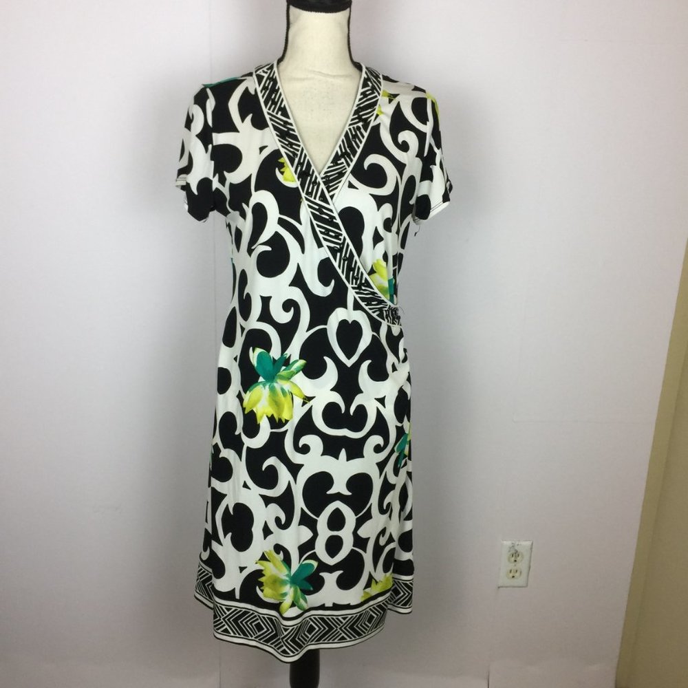 Alfani Wrap Sheath Dress Size M Womans Black White Floral Short Sleeve Beaded